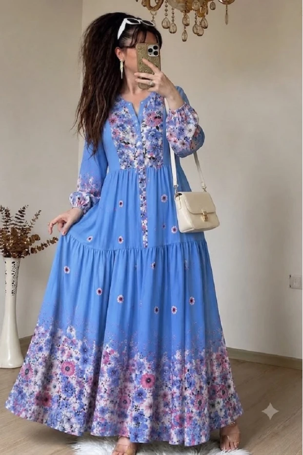 Çiçek Desen Pamuklu Modal Elbise Mavi