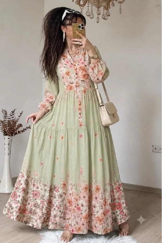 Çiçek Desen Pamuklu Modal Elbise Mint