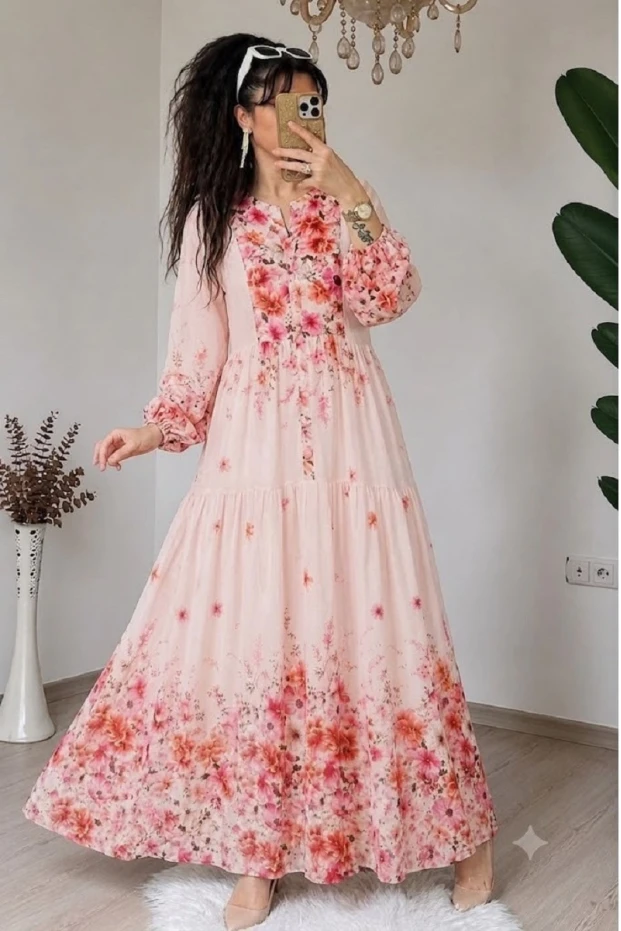 Çiçek Desen Pamuklu Modal Elbise Pembe