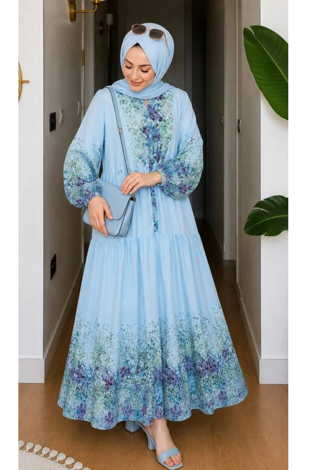 Çıtır Çiçek Desen Pamuklu Modal Elbise Mavi