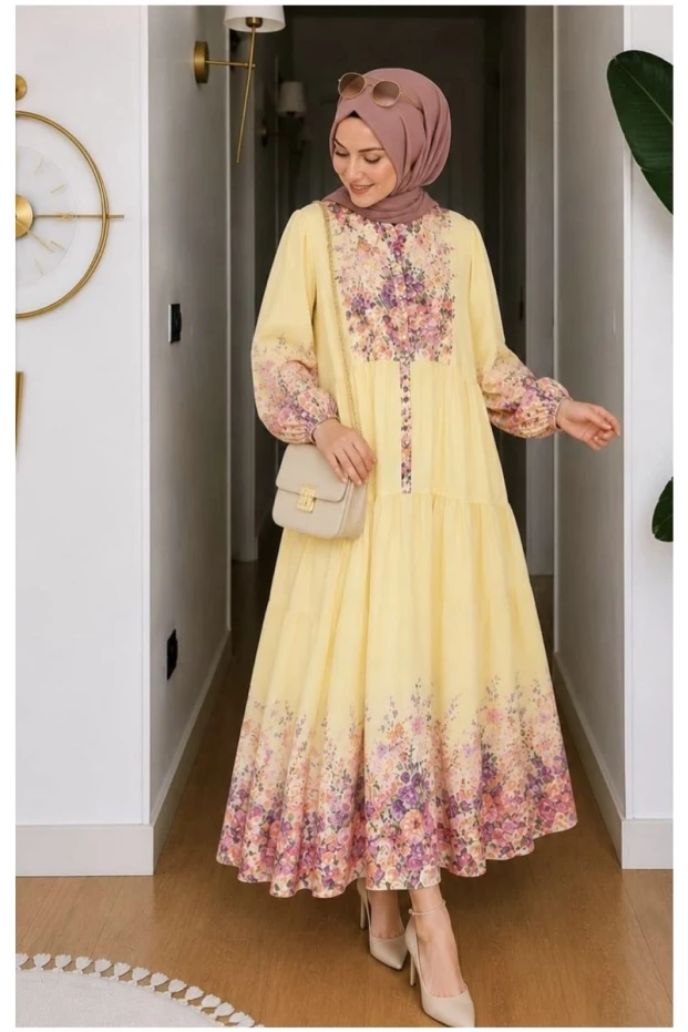 Çıtır Çiçek Desen Pamuklu Modal Elbise Sarı