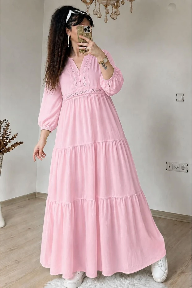 Eteği Fırfırlı Dantel Şerit Detaylı Elbise Pembe