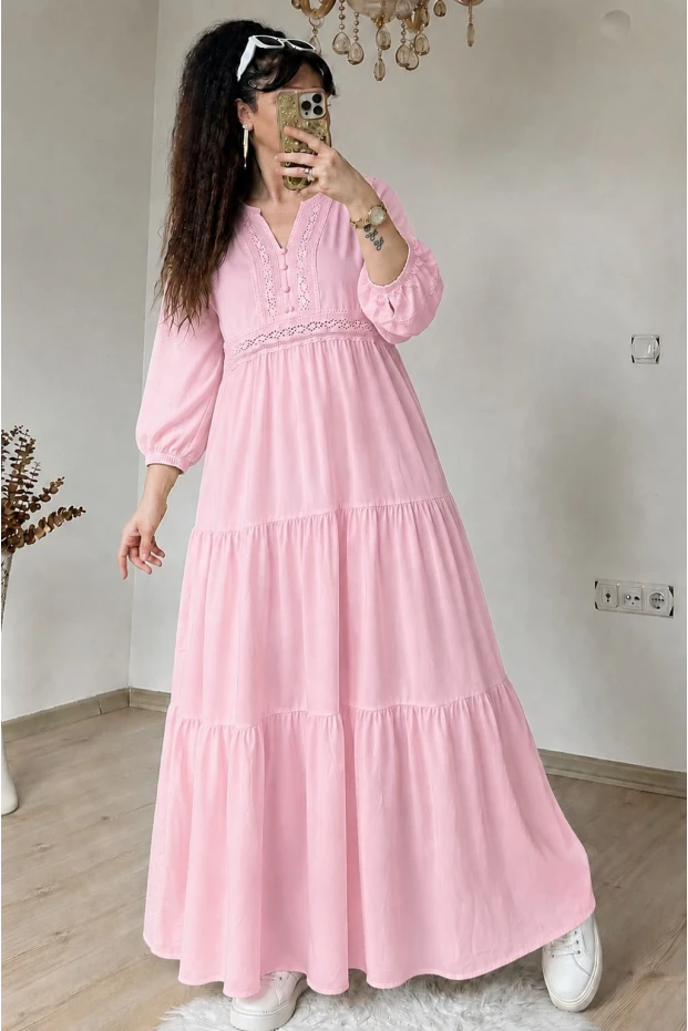Eteği Fırfırlı Dantel Şerit Detaylı Elbise Pembe