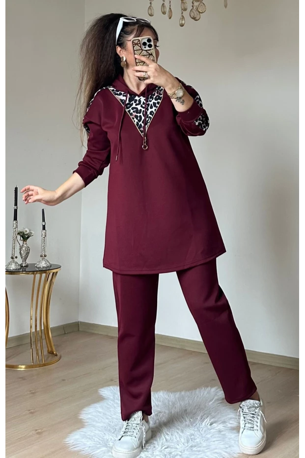 Fermuar Detaylı Leopar Takım Bordo