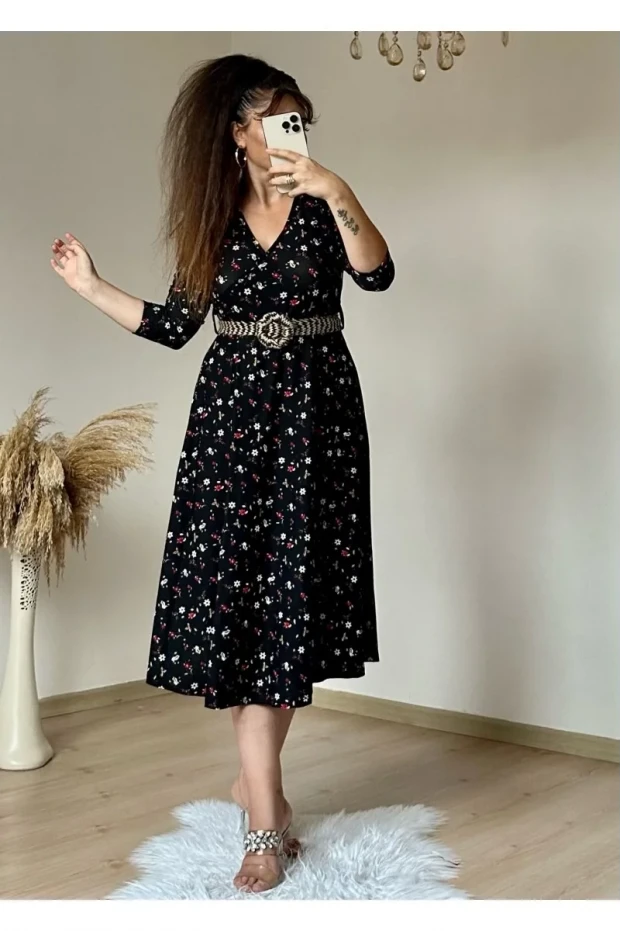 Kemerli Çıtır Çiçekli Midi Boy Elbise Siyah