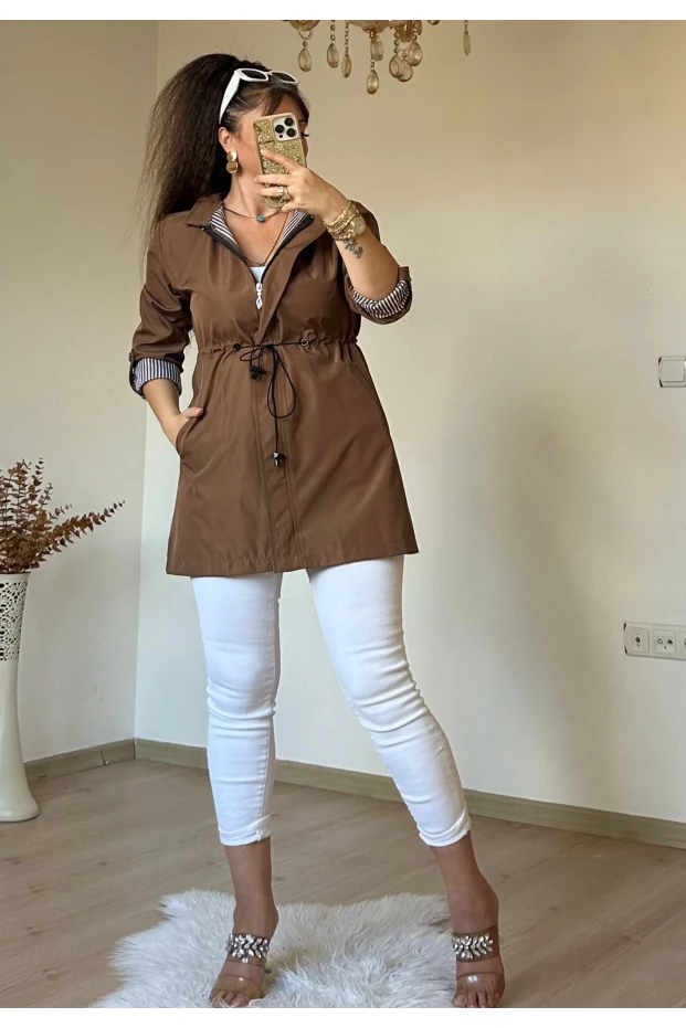 Kısa Çizgili Trençkot Taba