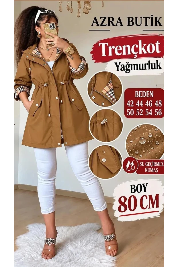 Kısa Kare Desen Trençkot Taba
