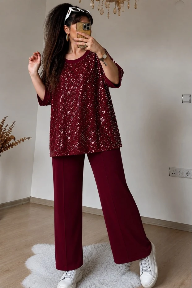 Kısa Kol Pul Payetli Takım Bordo