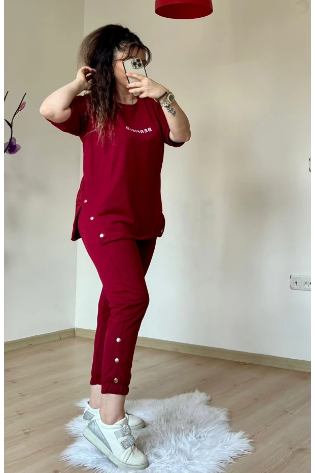 Kısa Kol Yan Çıtçıtlı Bordo Takım