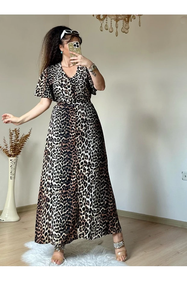 Kol Volanlı Leopar Elbise