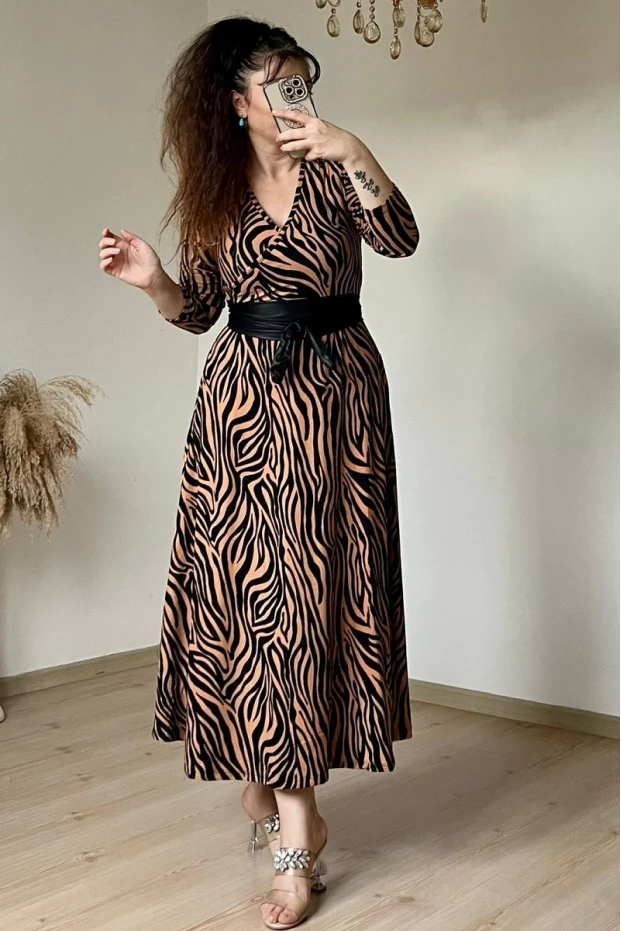 Kruvaze Yaka Uzun Kol Kahve Zebra Süet Elbise
