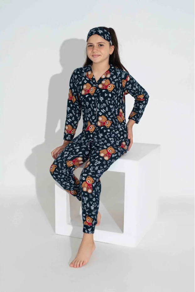 Lacivert Ayıcık Desen  kız Çocuk Pijama Takımı