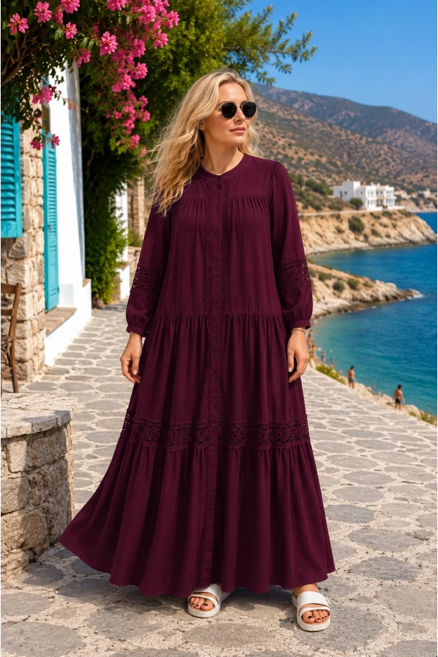 Lavinya Desen Güpür Elbise Bordo