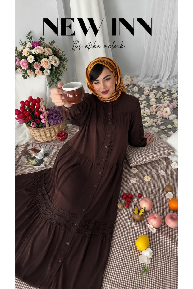 Lavinya Desen Güpür Elbise Kahve