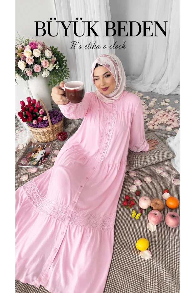 Lavinya Desen Güpür Elbise Pembe
