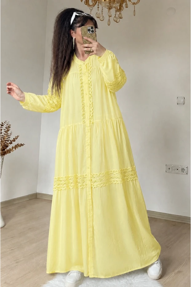 Lavinya Desen Güpür Elbise Sarı