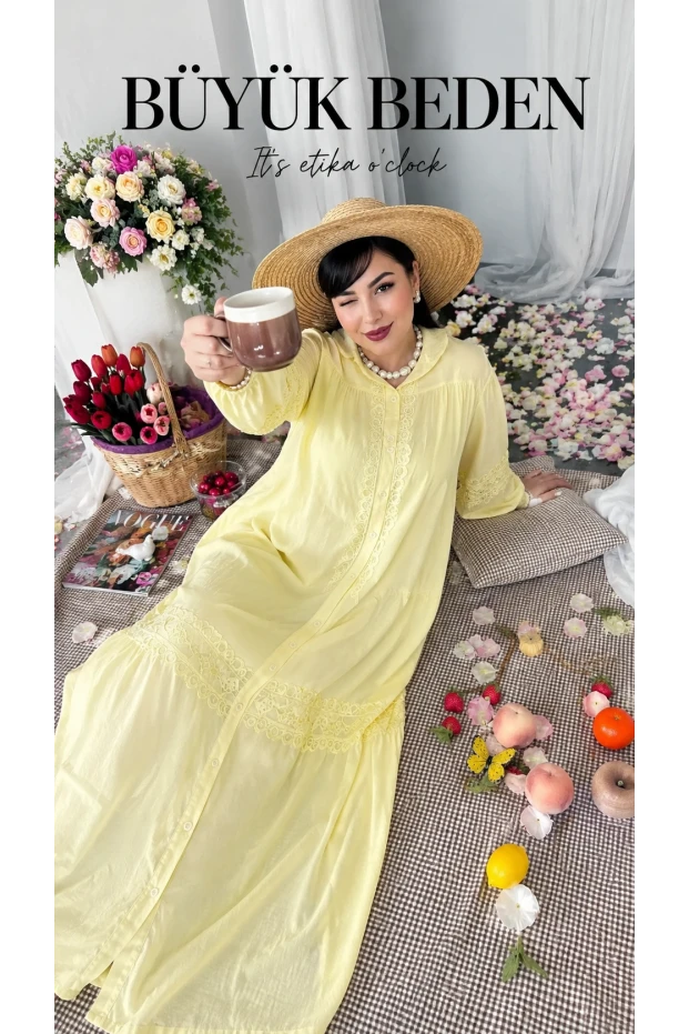 Lavinya Desen Güpür Elbise Sarı