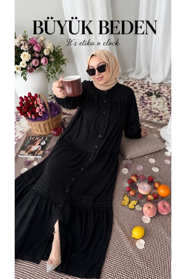 Lavinya Desen Güpür Elbise Siyah
