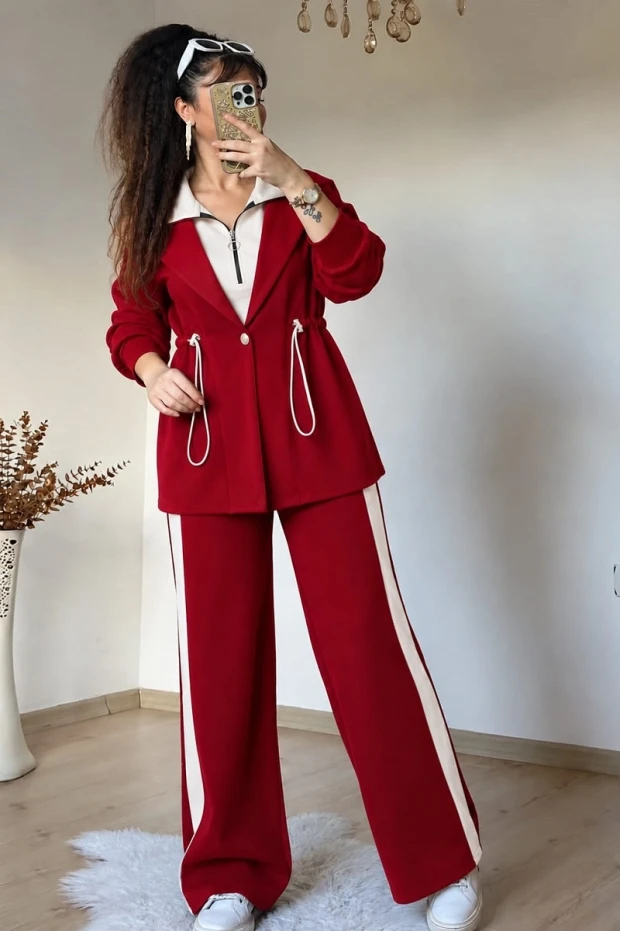 Mila Şerit Detayli Takım Kırmızı