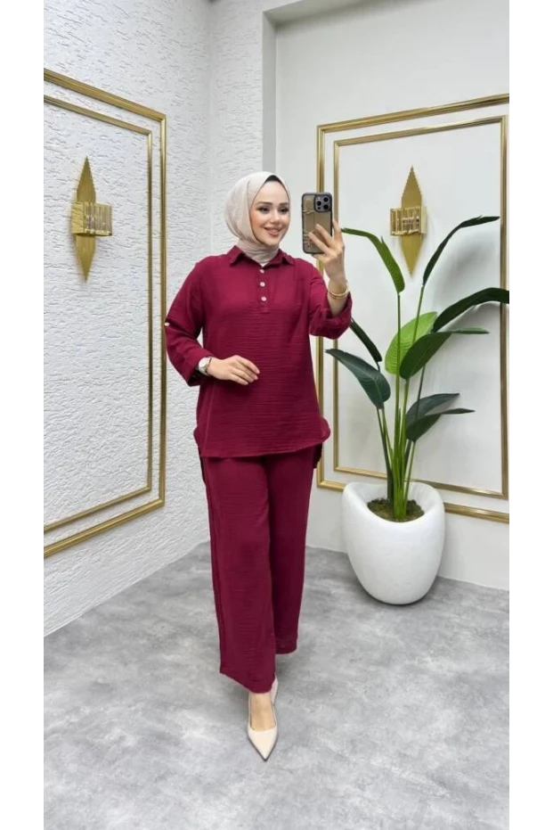 Müslin Pantolon Takım Bordo