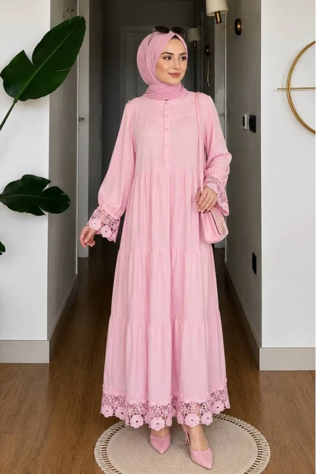 Orkide Kol ve Etek Ucu Dantel Detaylı Elbise Pembe