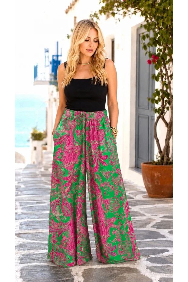 Şal Desen Beli Lastikli ve İpli Viskon Pantolon Pembe