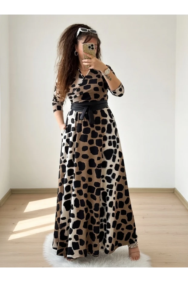 Tam Boy Koyu Leopar Elbise