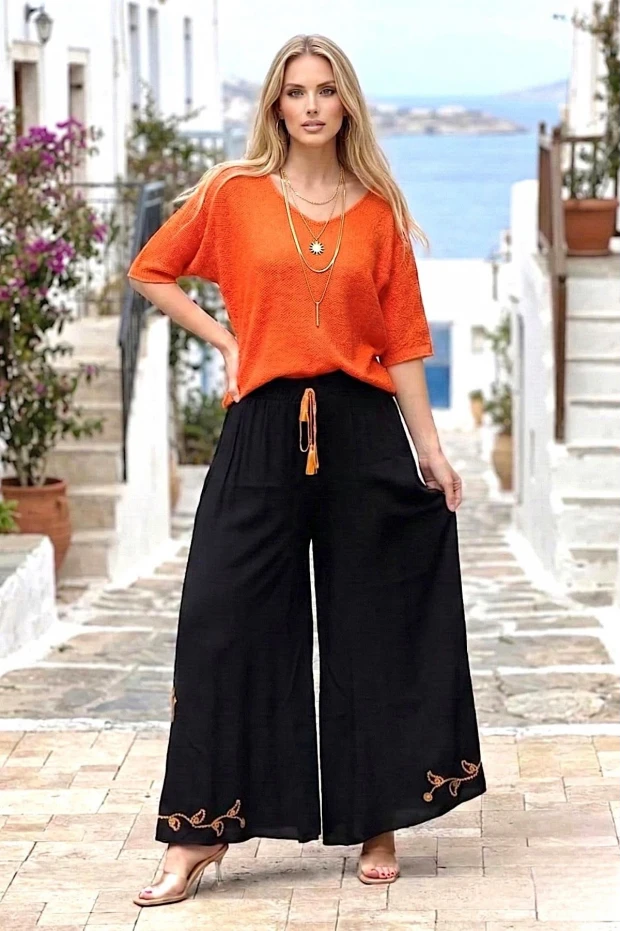 Turuncu Nakışlı Pantolon Etek