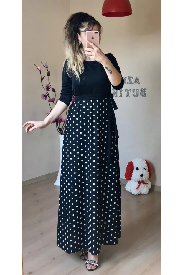 Üst Siyah Alt Puanlı Maxi Boy Penye Elbise