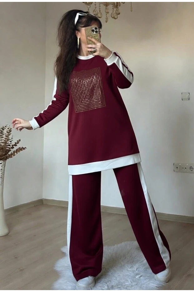 Uzun Kol Ön Kare Taşlı Takım Bordo