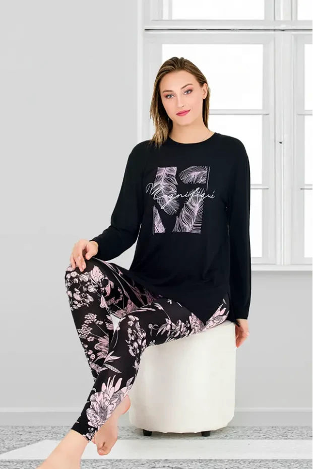 Uzun Kol Pembe Çiçekli Bayan Pijama Takımı