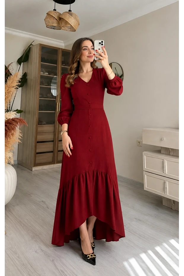 Uzun Kol Romantik Elbise Bordo