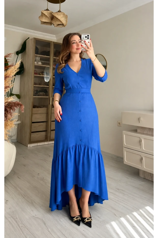 Uzun Kol Romantik Elbise Mavi