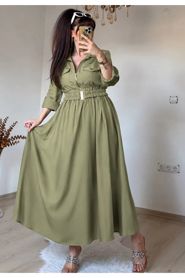 Yaka Cepli Spor Elbıse Yeşil
