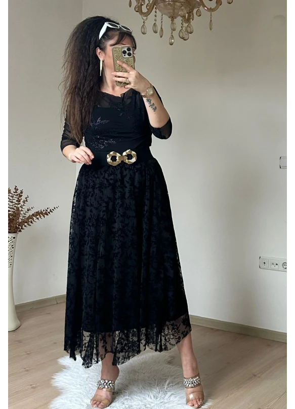 Flok Baskı Etek Sıyah