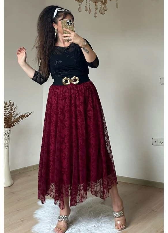 Flok Baskı Etek Bordo