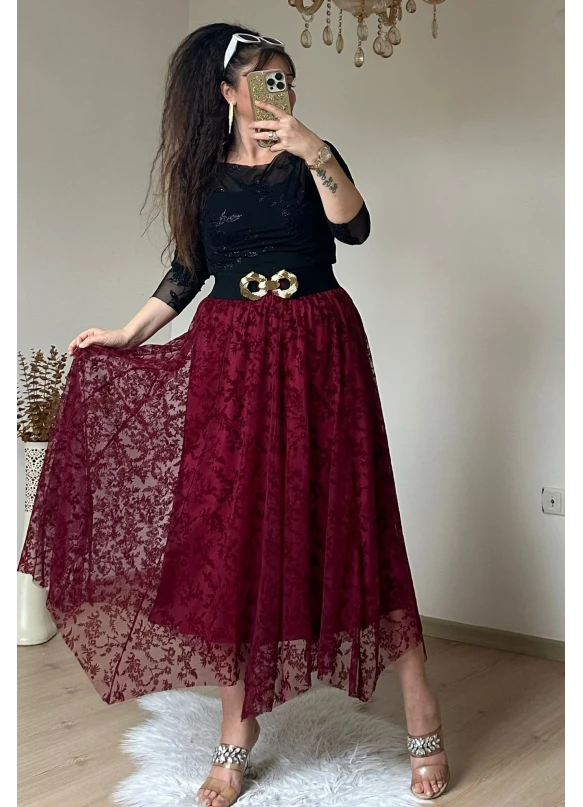 Flok Baskı Etek Bordo