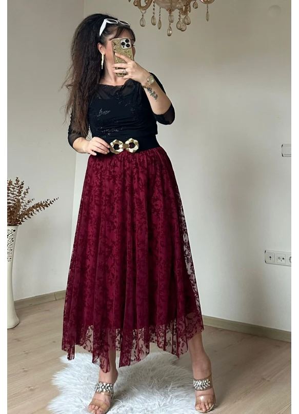 Flok Baskı Etek Bordo