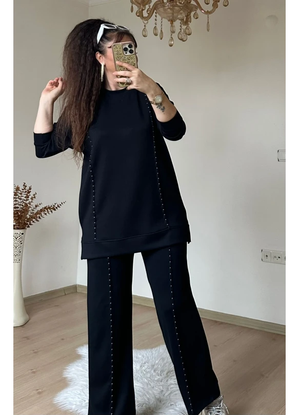Ön Dikiş Aksesuarlı Takım Siyah