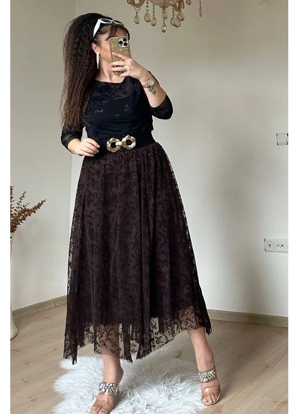 Flok Baskı Etek Kahve