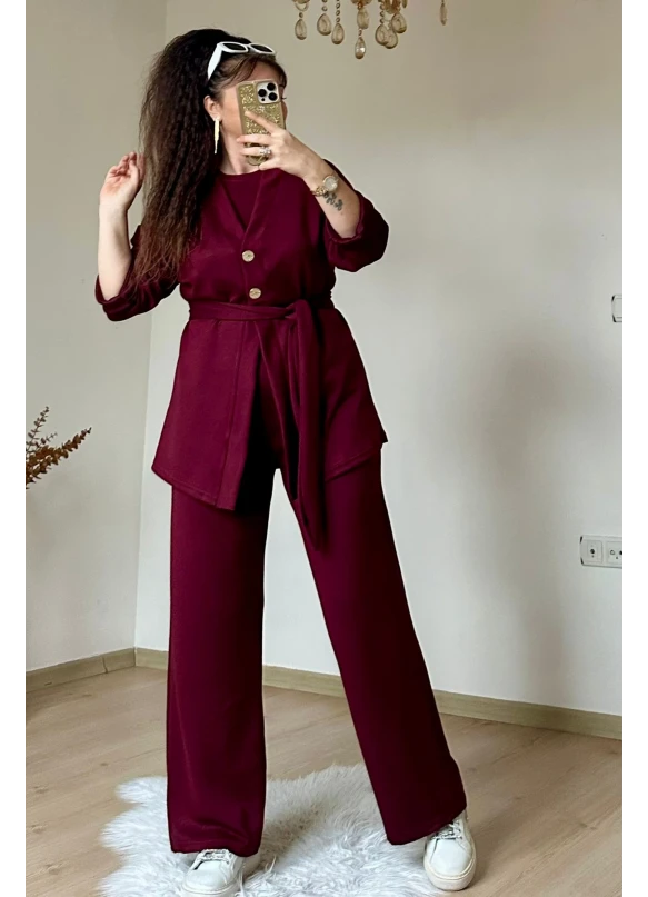 Bordo Gold Dugmelı 3 lü Takım