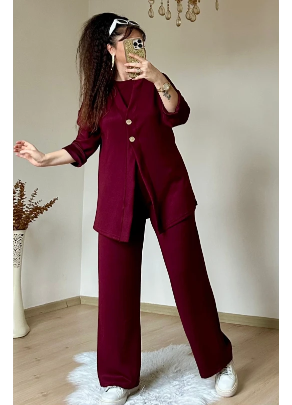 Bordo Gold Dugmelı 3 lü Takım