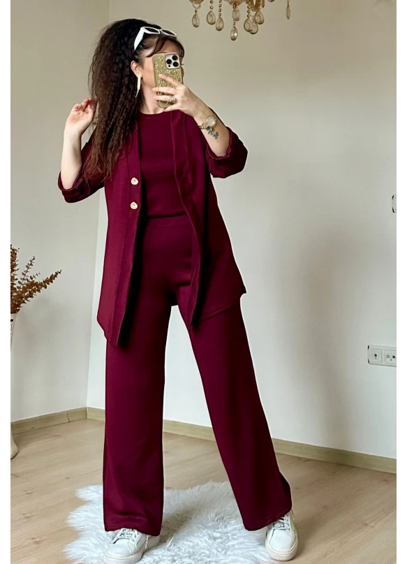 Bordo Gold Dugmelı 3 lü Takım