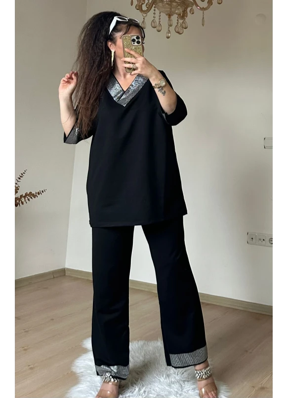 Paça Ve Yaka Taşlı Takım