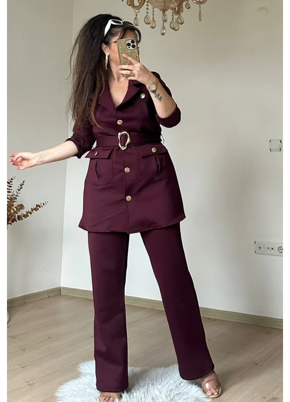 Kemerli Gold Dügmelı Takım Bordo