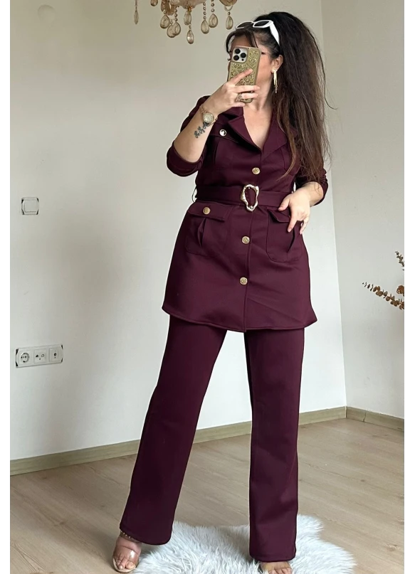 Kemerli Gold Dügmelı Takım Bordo