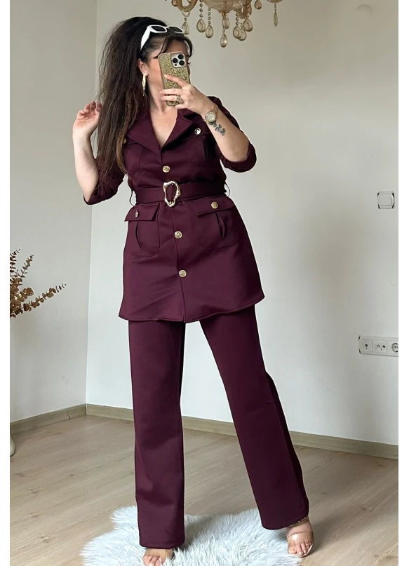 Kemerli Gold Dügmelı Takım Bordo