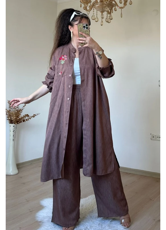 Yaka Nakış İşlemeli Takım Kahve