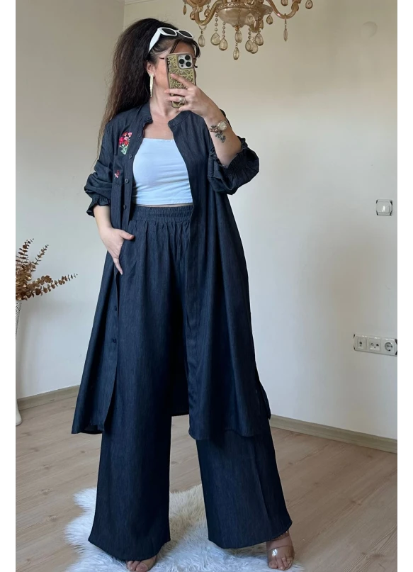 Yaka Nakış İşlemeli Takım Siyah