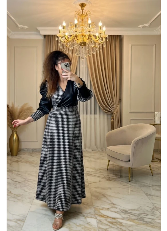 Kruvaze Yakalı Kazayağı Desen Deri Detay Ekose Elbise Gri